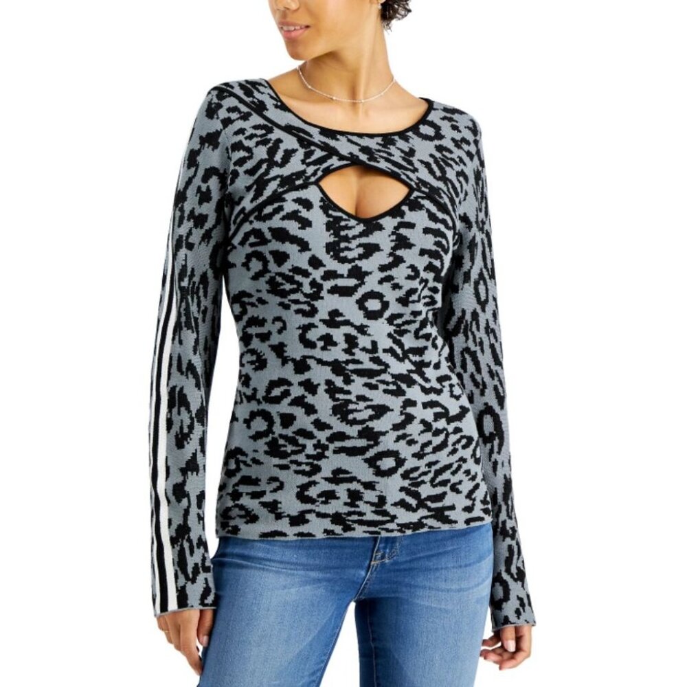 Fever Sweater Top‎ Women's SMALL Gray Black Leopard Cutout Long-Sleeve Soft NEW